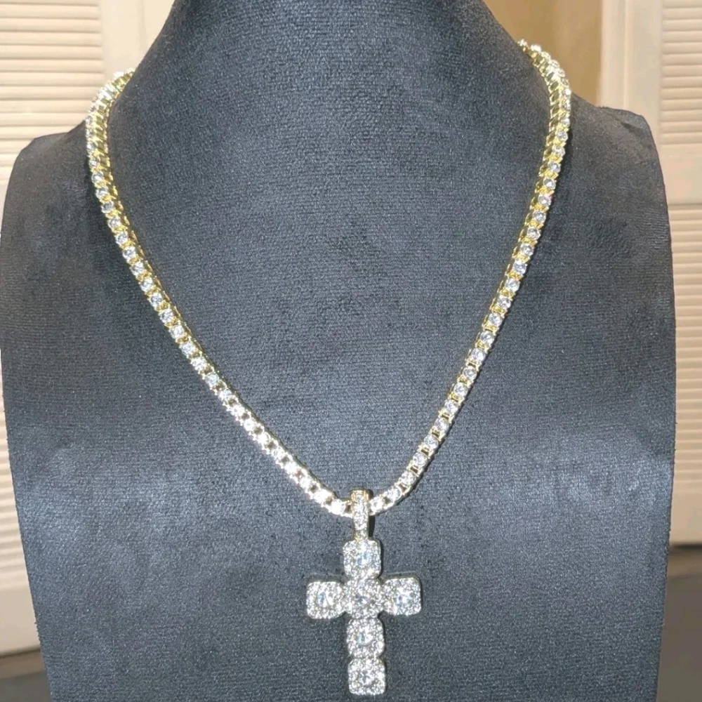 14k Yellow Gold Plated Lab Created Diamond Cross Pendant Tennis Necklace 18